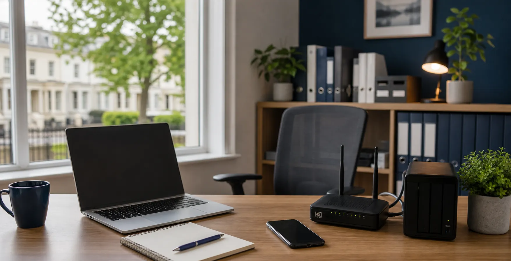 Approachable local IT consultant workspace with laptop, notebook and network device