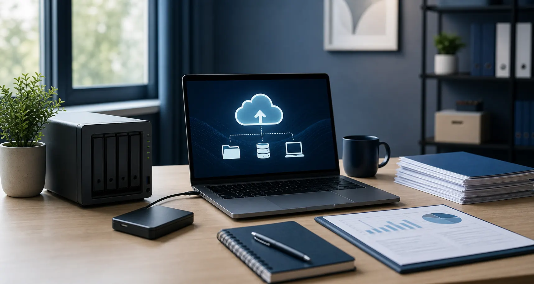 Small business backup workspace with laptop, storage device and cloud recovery visuals