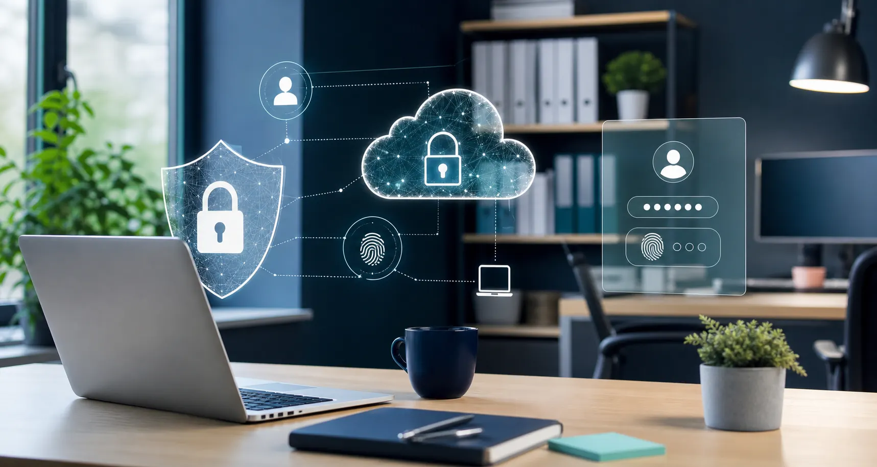 Small business cyber security workspace with laptop, cloud lock and secure access visuals