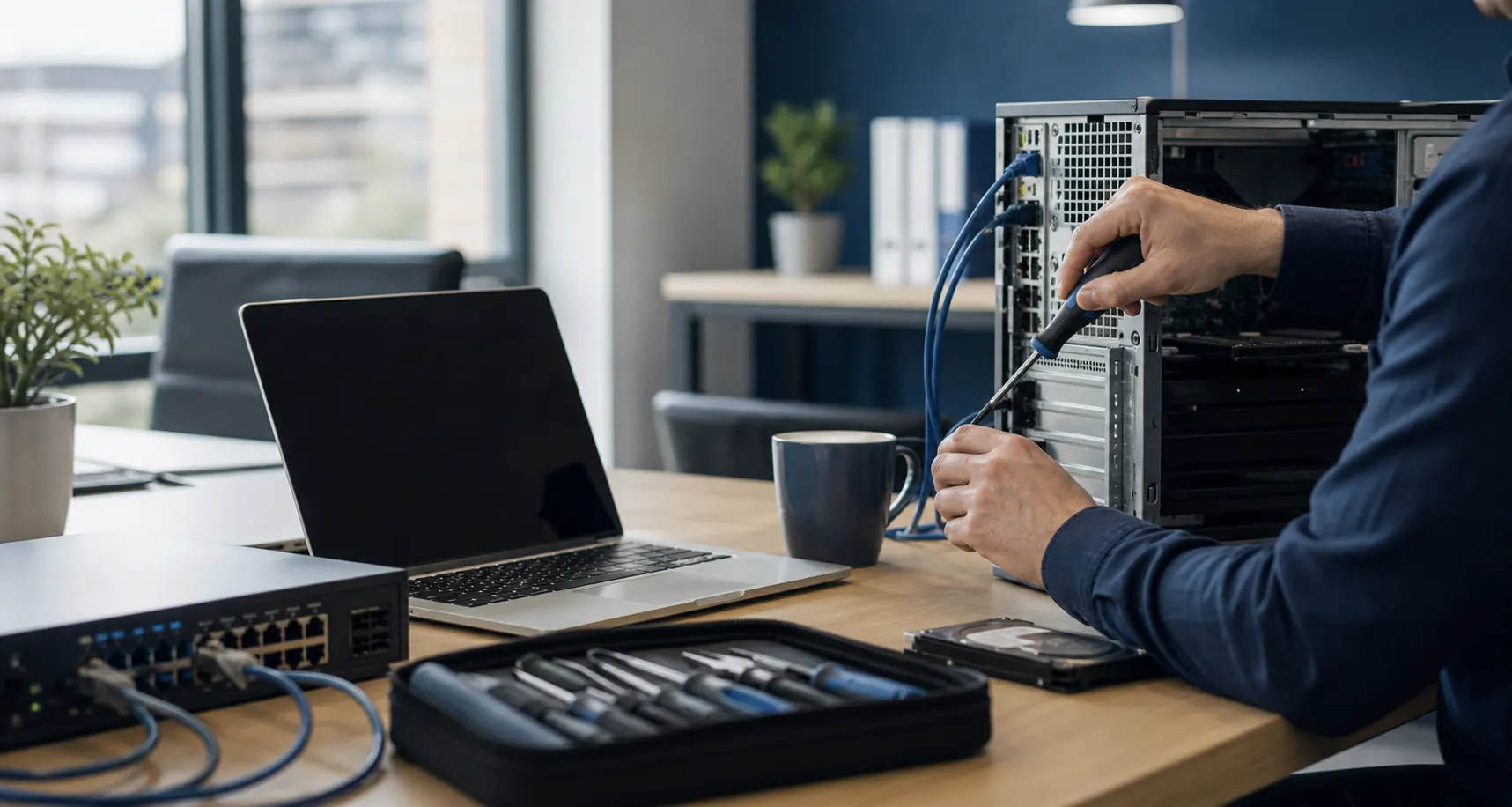 IT support workspace with laptop, network cables and diagnostic equipment