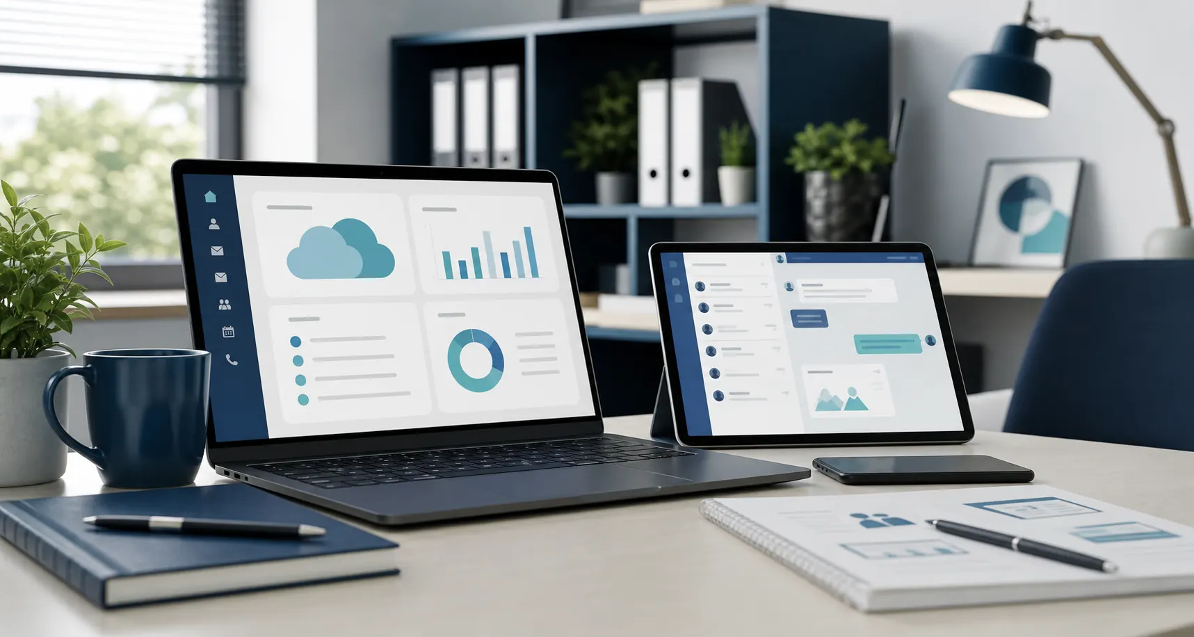 Small business cloud productivity workspace with laptop and abstract collaboration visuals