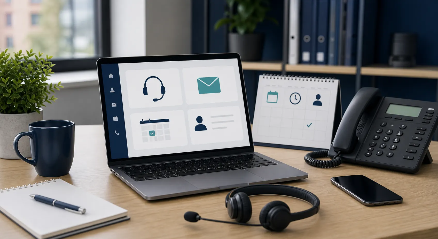 Request support workspace with laptop, phone and appointment enquiry visuals