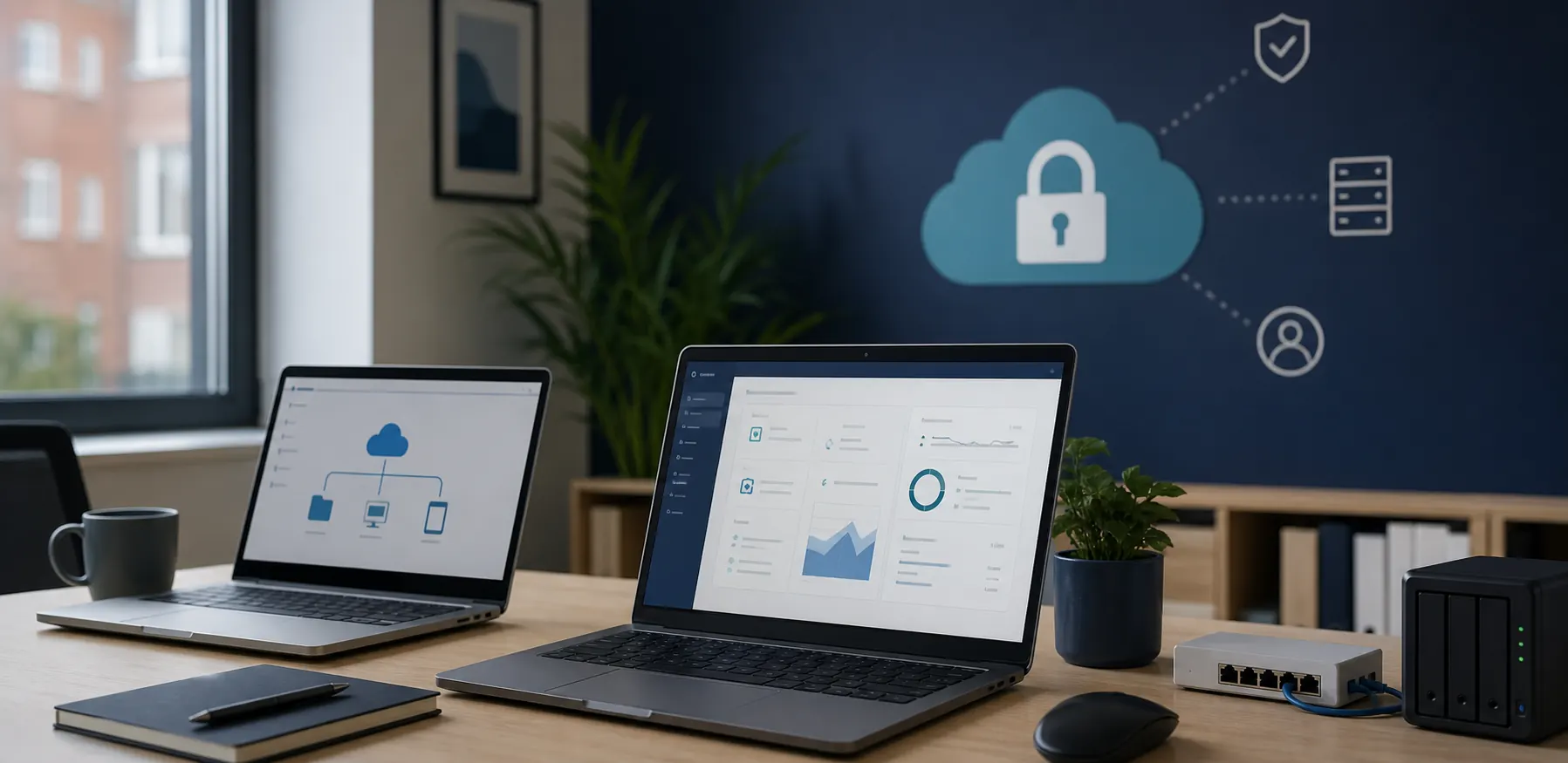 Small business office with laptops, cloud security visuals and network equipment
